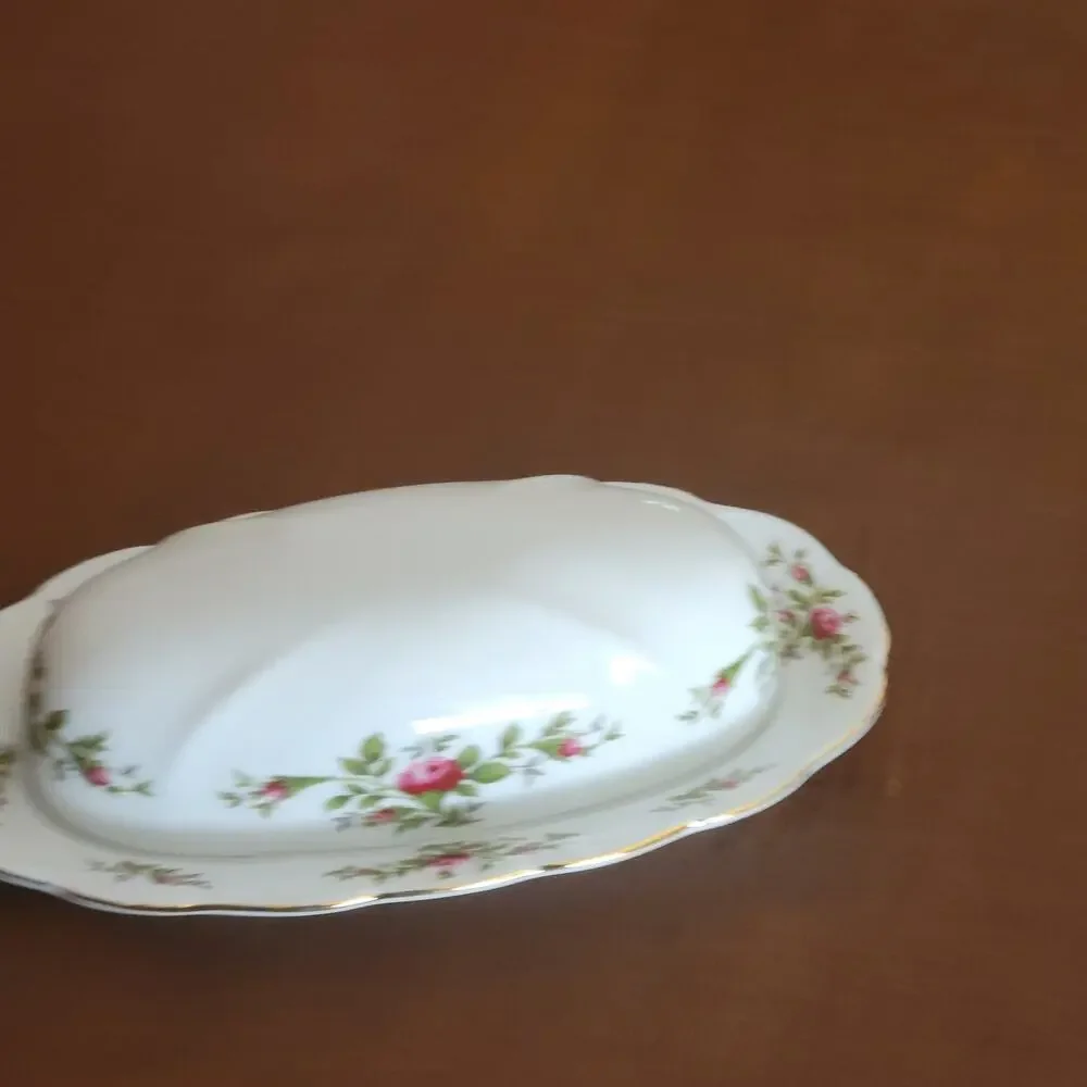 Vintage Johann Haviland Traditions Moss Rose Covered Butter Dish with Gold Trim